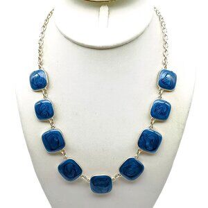 Blue Swirl Enamel Bib Necklace, Silver Tone Chain with Bright Vintage Squares